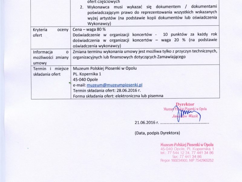 ZAPYTANIE OFERTOWE na usługi z zakresu działalności kulturalnej