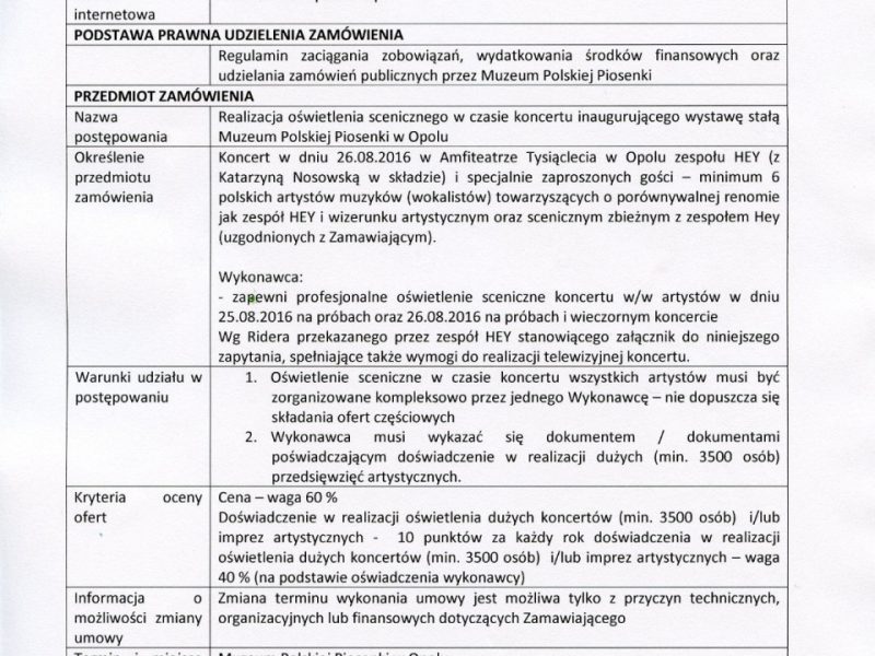 ZAPYTANIE OFERTOWE na usługi z zakresu działalności kulturalnej