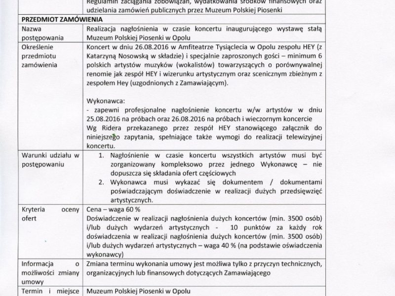 ZAPYTANIE OFERTOWE na usługi z zakresu działalności kulturalnej