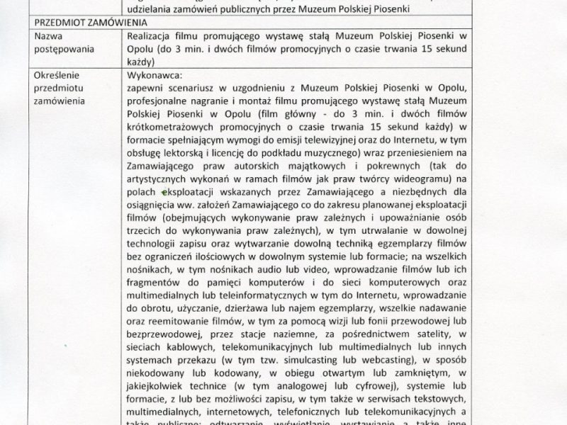 ZAPYTANIE OFERTOWE na usługi z zakresu działalności kulturalnej