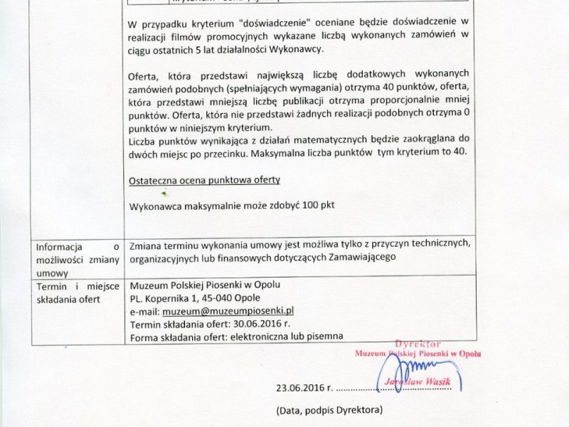 ZAPYTANIE OFERTOWE na usługi z zakresu działalności kulturalnej