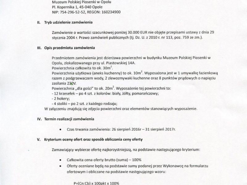 ZAPYTANIE OFERTOWE na usługi z zakresu działalności kulturalnej