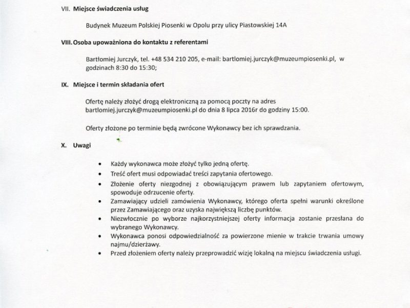 ZAPYTANIE OFERTOWE na usługi z zakresu działalności kulturalnej