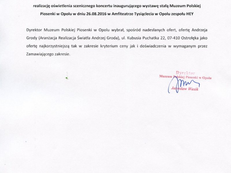 Wybór oferty wynikającej z zapytania ofertowego z dn. 22.06.2016 r. na realizację oświetlenia
