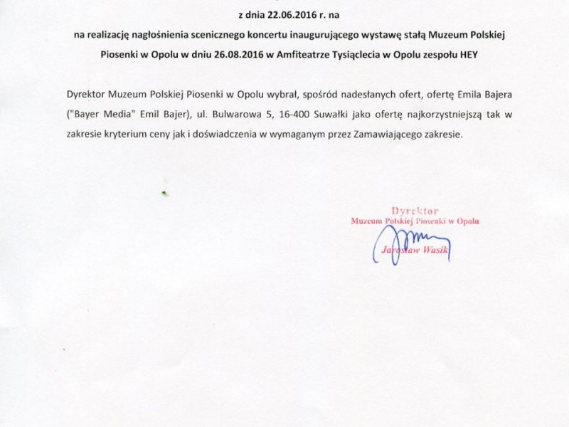 Wybór oferty wynikającej z zapytania ofertowego z dn. 22.06.2016 r. na realizację nagłośnienia