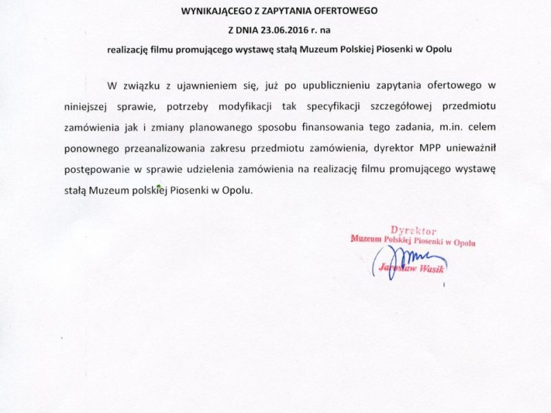 Unieważnienie postępowania wynikającego z zapytania ofertowego z dnia 23.06.2016 r