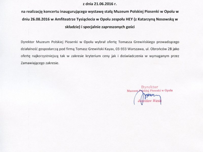 Wybór oferty wynikającej z zapytania ofertowego z dn. 21.06.2016 r. na realizację koncertu