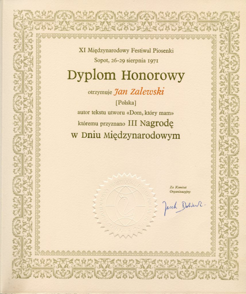 Dyplom dla Jana Zalewskiego za III nagrodę podczas Międzynarodowego Festiwalu Piosenki w Sopocie