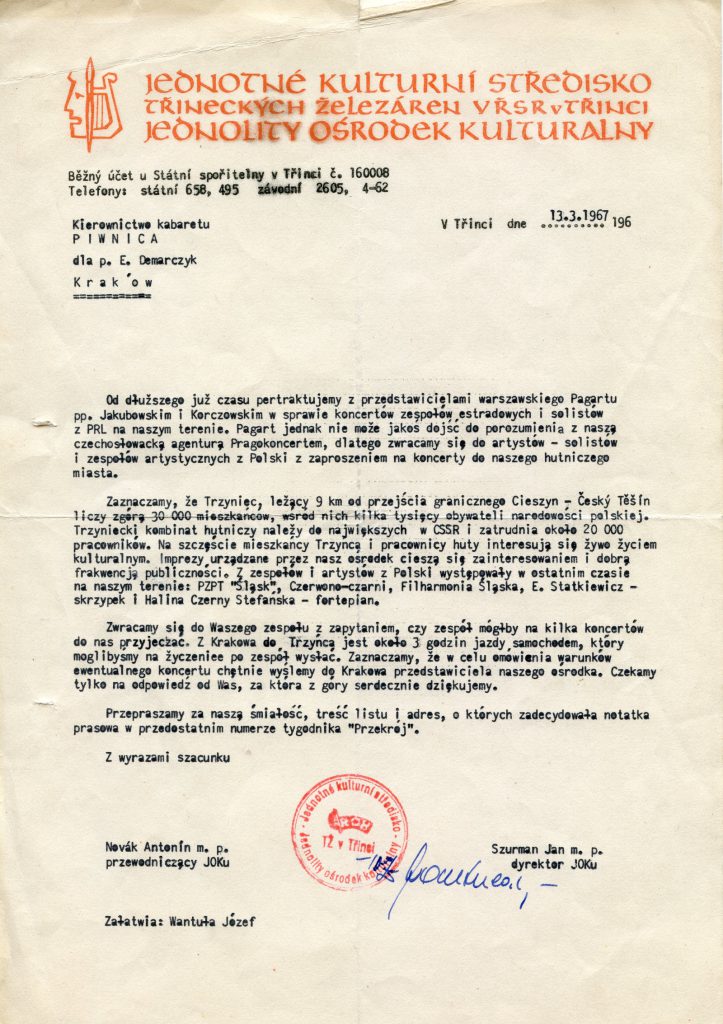 List do Ewy Demarczyk od Jana Szurmana, w sprawie koncertów w Czechosłowacji