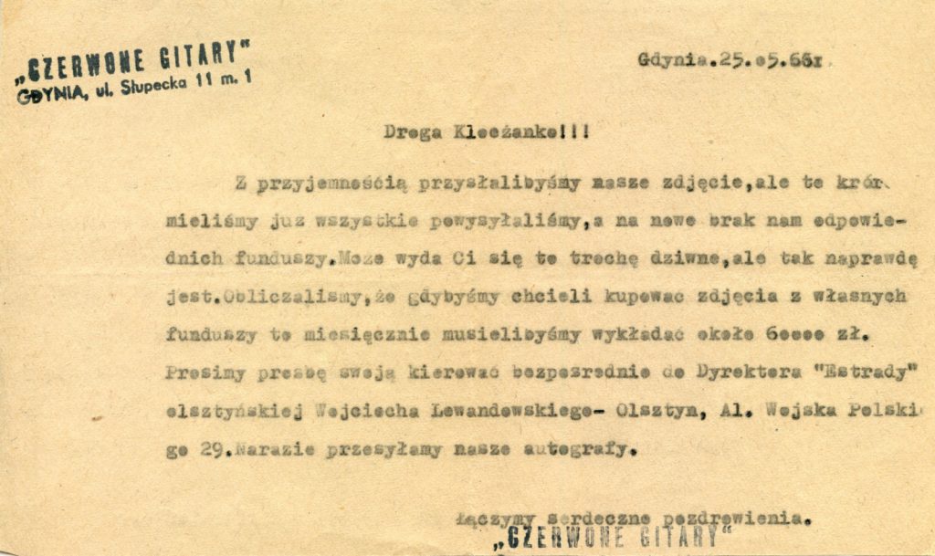 List do fanki od zespołu Czerwone Gitary, z odpowiedzią na prośbę o fotografię zespołu