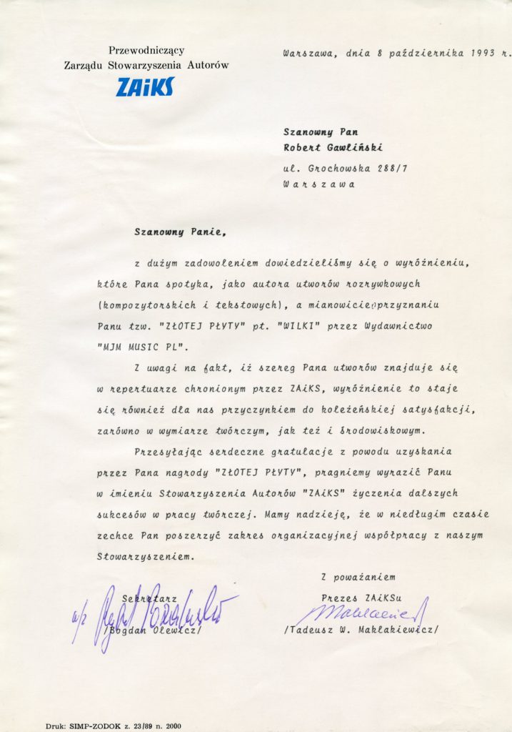 Pismo gratulacyjne od ZAiKSu dla Roberta Gawlińskiego