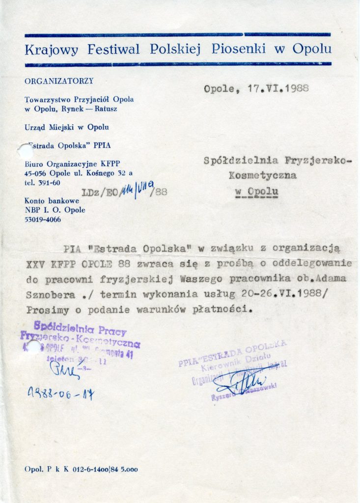 Pismo od Ryszarda Ostaszewskiego do Spółdzielni Fryzjersko-Kosmetycznej w Opolu z prośbą o oddelegowanie do pracowni fryzjerskiego Adama Sznobera