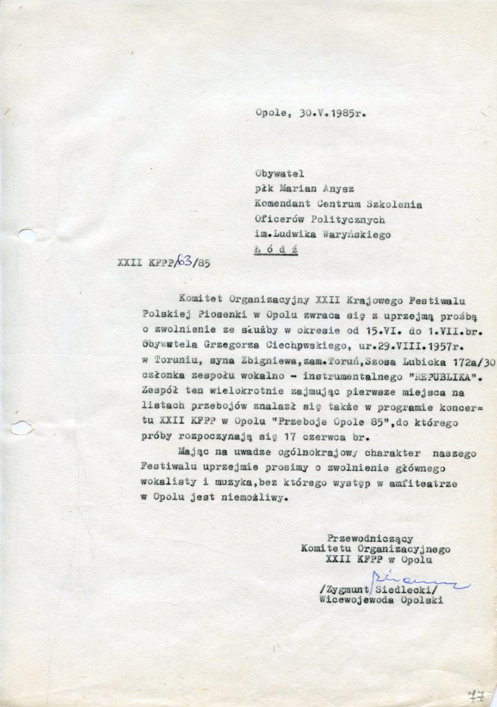 Pismo od Zygmunta Siedleckiego do płk Mariana Anysza w sprawie Grzegorza Ciechowskiego