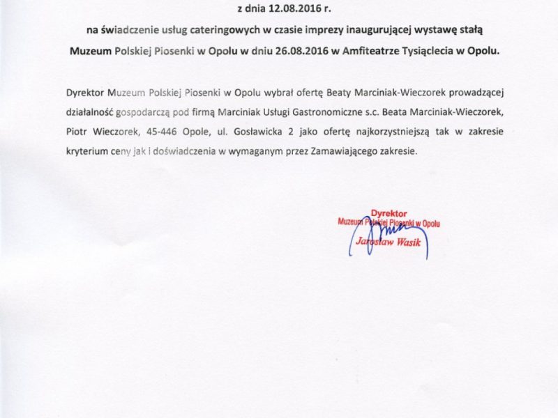 Wybór oferty wynikającej z zapytania ofertowego z dn. 12.08.2016