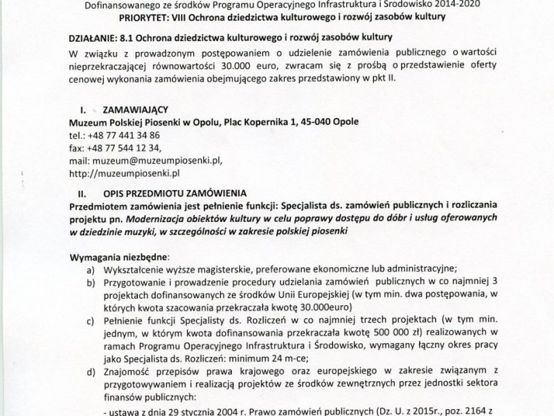 Zapytanie cenowe dla zamówienia publicznego o wartości nieprzekraczającej równowartości 30.000 euro