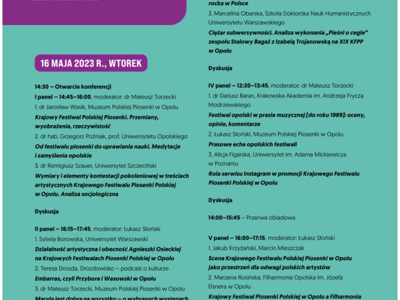 Program konferencji naukowej "60 lat KFPP. Muzyka. Słowa. Konteksty"