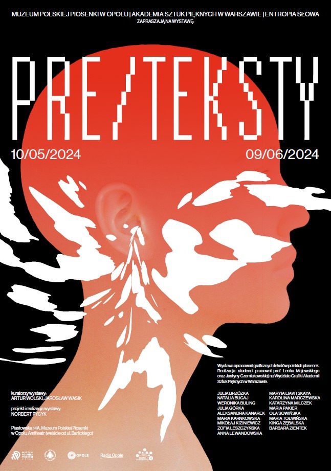 Plakat zapraszający na wystawę pt. PRE/TEKSTY