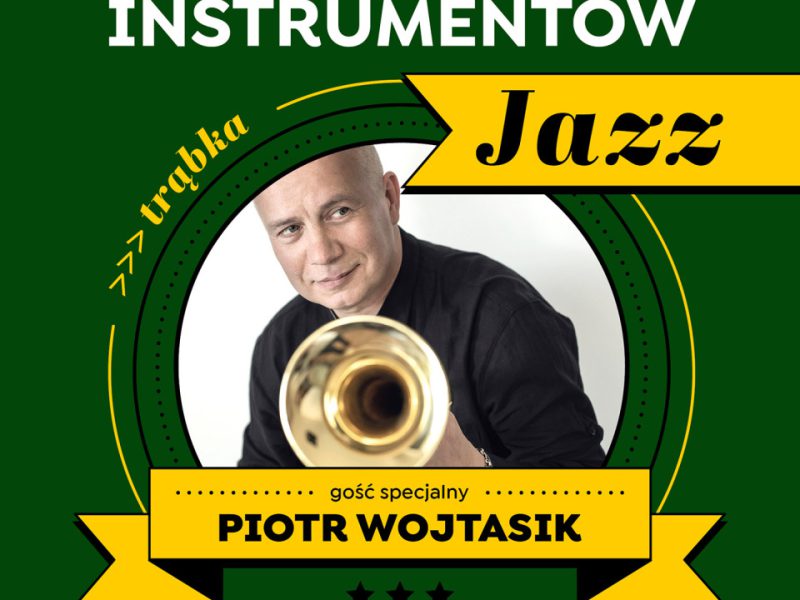 Plakat zapraszający na Mała Akademie Instrumentów - Jazz. Informacje takie jak w artykule na stronie