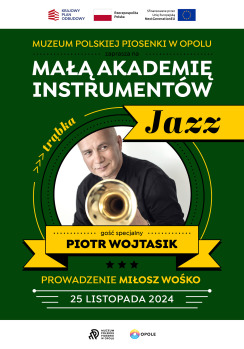 Plakat zapraszający na Mała Akademie Instrumentów - Jazz. Informacje takie jak w artykule na stronie.