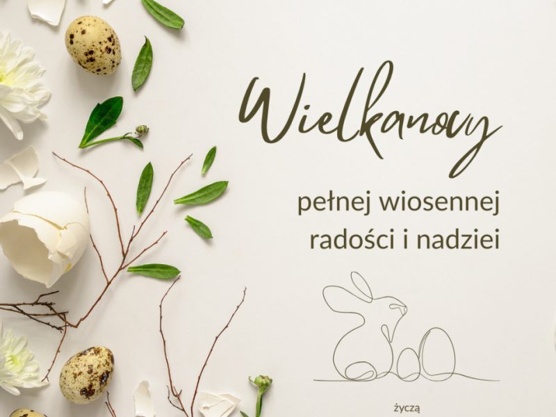 Kolaż wielkanocny z białym tłem, dekoracjami w postaci skorupek jaj, gałązek, zielonych liści i białych kwiatów. Po prawej stronie napis: