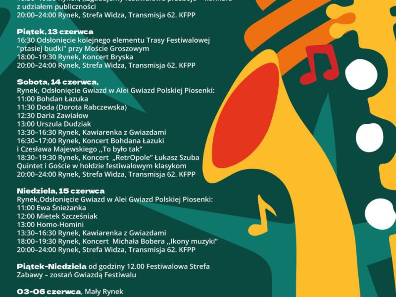 Plakat z grafiką żółtego saksofonu na zielonym tle z nutkami w kolorach czerwonym i żółtym. U góry biały napis: „Wydarzenia 2025 Okołofestiwalowe”. Poniżej szczegółowy harmonogram wydarzeń w Opolu od 12 do 15 czerwca 2025, z koncertami, odsłonięciami gwiazd i atrakcjami na Rynku oraz w innych lokalizacjach. Na dole logotypy organizatorów i partnerów oraz adres strony: www.opole.pl