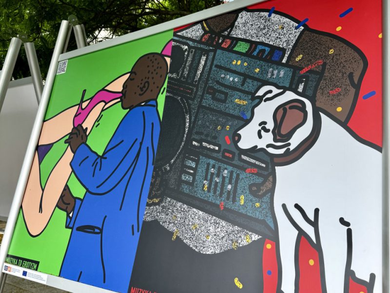 Po lewej stronie na zielonym tle para obejmuje się i całuje, po prawej na czerwonym tle biały pies siedzi obok dużego, czarnego magnetofonu typu boombox. U dołu dwa napisy: po lewej „MUZYKA TO EROTYZM”, po prawej „MUZYKA TO PASJA”