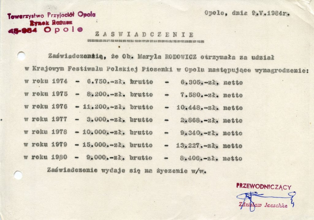 ZAŚWIADCZENIE O WYNAGRODZENIU MARYLI RODOWICZ ZA UDZIAŁ W KFPP W OPOLU